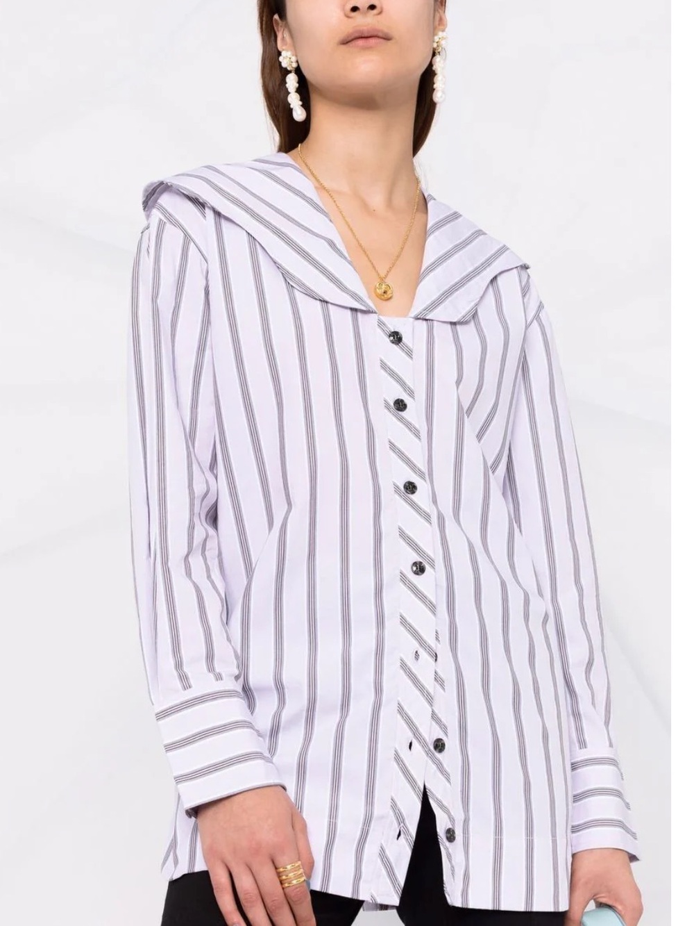 Ganni V Neck Stripe Cotton Poplin Shirt